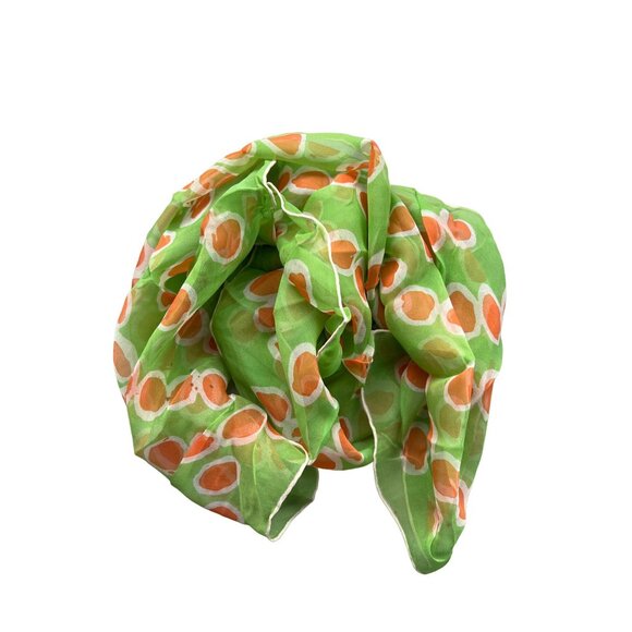 Vintage Polka Dot Rectangle Scarf 40 Inches Long Green & Orange Rayon Silk Blend - Picture 2 of 7